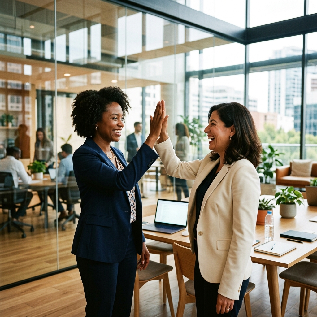 Two diverse professionals high-fiving in office