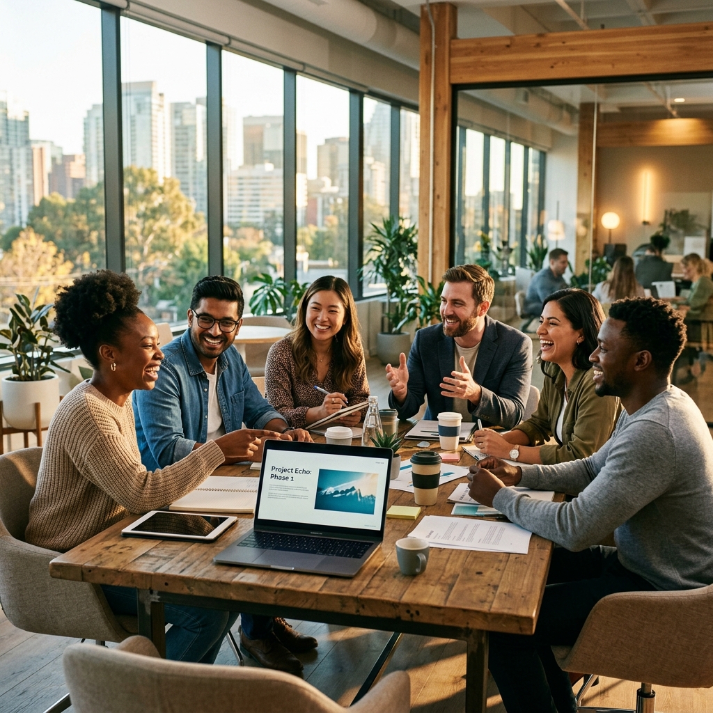 Diverse professionals collaborating in office workspace